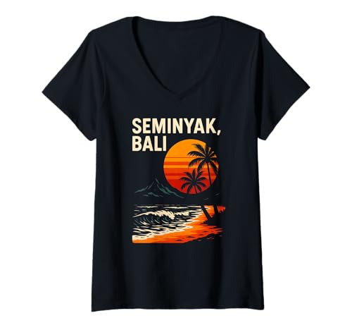 Damen Bali Surf Seminyak Bali Retro Herren Beachy Vibes T-Shirt mit V-Ausschnitt von Bali Palm Trees Sunshine Surfs Up Skateboarding