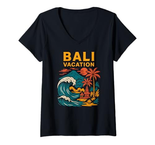 Damen Tropical Island Bali Vacation Retro Damen Surfs Up T-Shirt mit V-Ausschnitt von Bali Palm Trees Sunshine Surfs Up Skateboarding