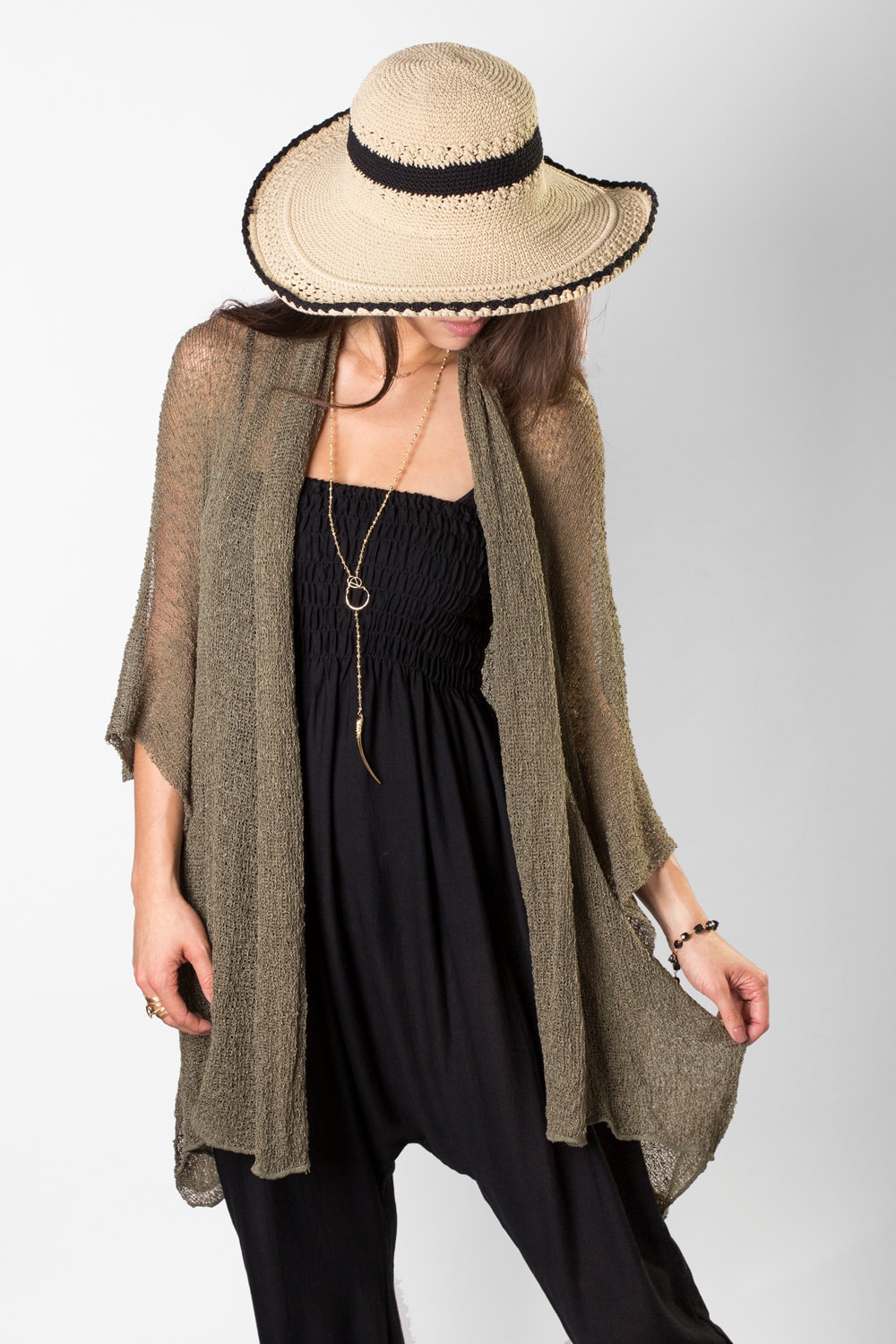 Olivfarbener Oversized Strick Cardigan, Boho Sommer Kimono, Sweater Wrap, Plus Size Kimono 44 Farben Erhältlich von BaliPrema