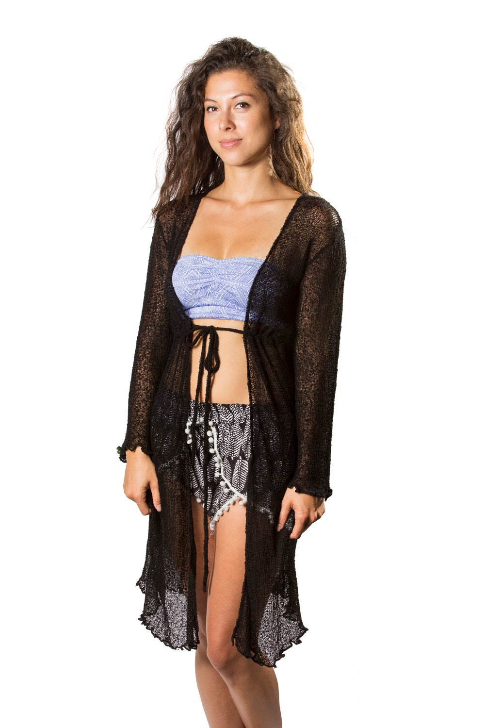 Schlussverkauf Lange Boho-Strickjacke, Schwarze Boho-Strand-Strickjacke, Lange Schiere Strickjackejacke, Durchsichtige Strandabdeckung, Vorne von BaliPrema