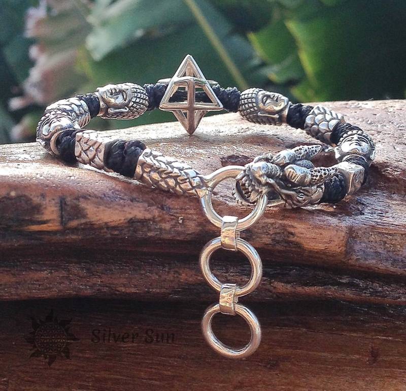 Armband Drachen Buddha Merkaba Heilige Geometrie Alle Elemente Sterling Silber Geflecht Schwarze Nylonschnur Sonnen Stil Schmuck Design Handmade von BaliSilverSun