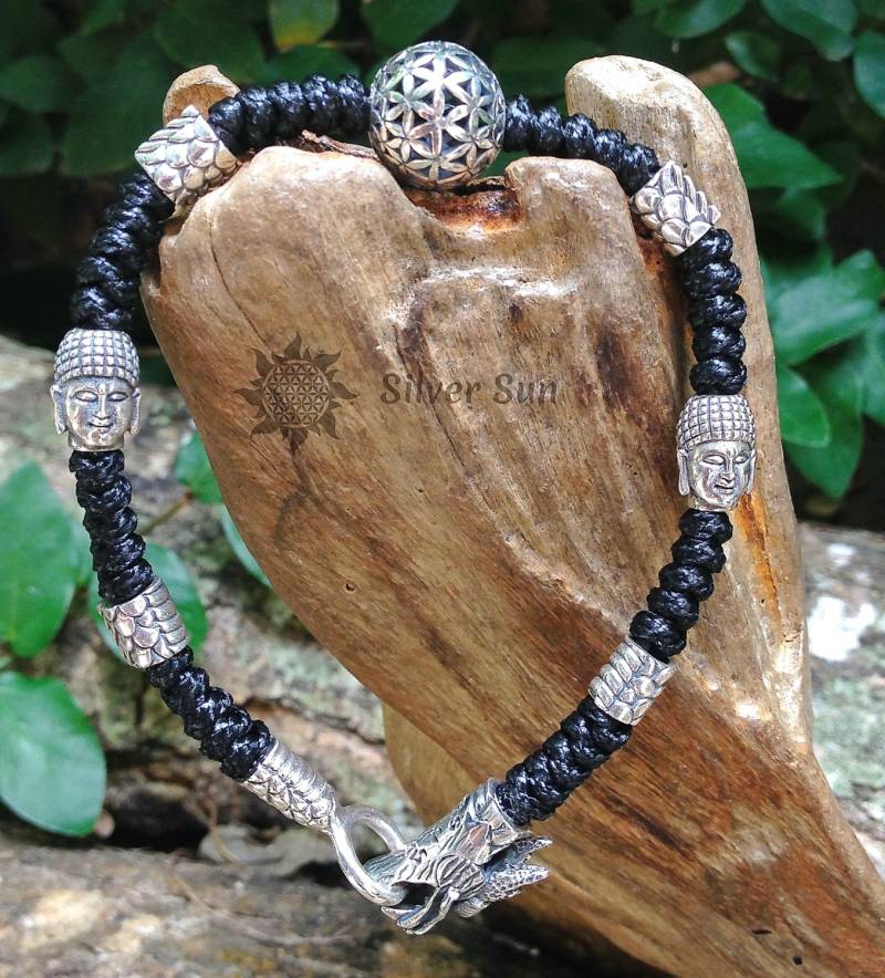 Drachen Armband Alle Elemente Sterling Silber Buddha Blume Des Lebens Kugel Heilige Geometrie Geflecht Schwarze Nylonschnur Sonnen Schmuck Handmade von BaliSilverSun