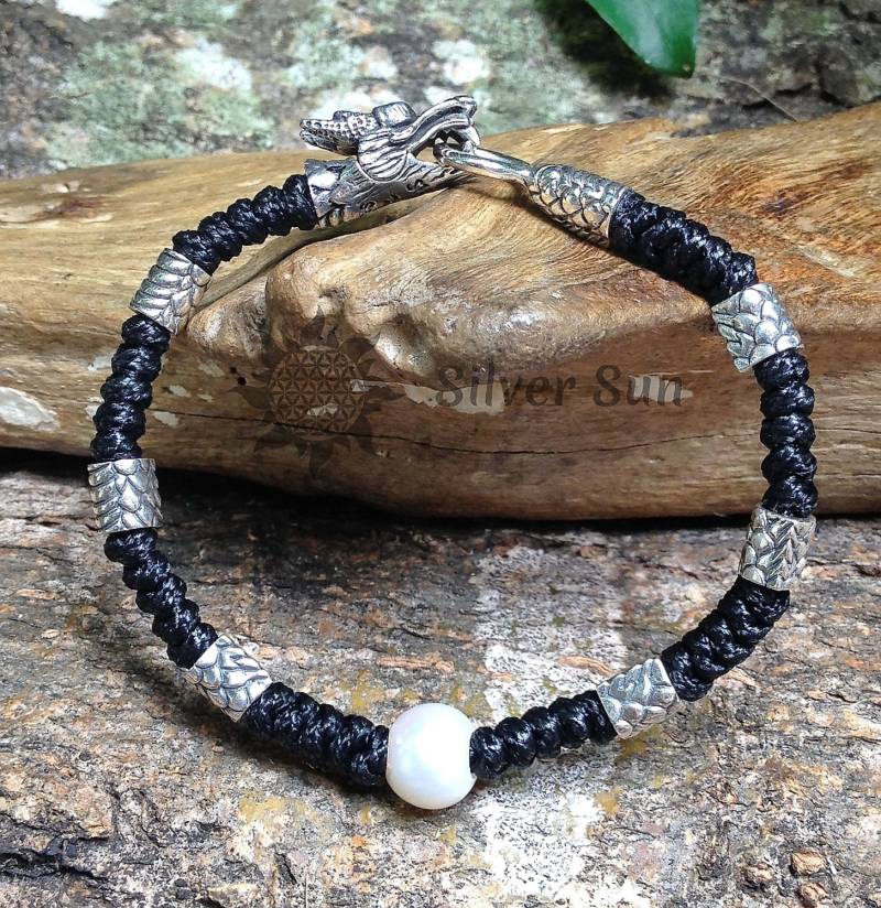 Drachen Armband Alle Elemente Sterling Silber Weiß Süßwasser Perle Geflecht Schwarze Nylonschnur Sonnen Stil Schmuck Design Handmade Bali von BaliSilverSun