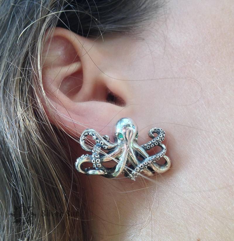Ohrringe Oktopus Sterling Silber Natur Grüner Smaragd Aus Sambia Beinhaltet Verpackung Sonnenstil Schmuck Design Handmade Bali von BaliSilverSun