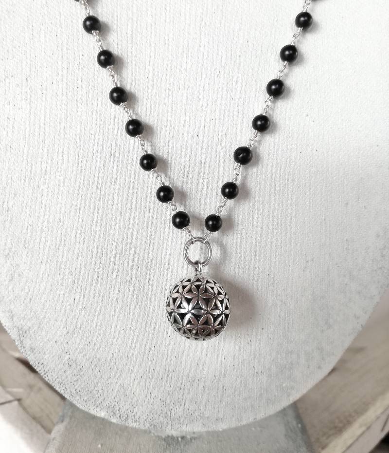 Perlen Schwarzer Onyx Stein Silber Kugel Blume Des Lebens Sterling Draht Halskette Schmuck Design Sonnen Stil Handarbeit Aus Bali von BaliSilverSun