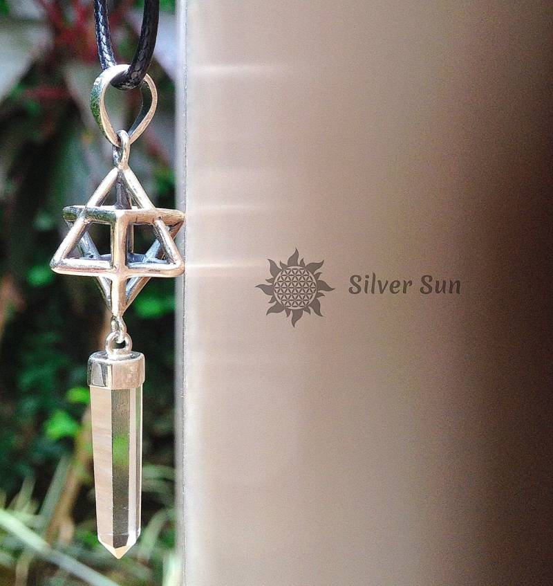 Sterling Silber Heilige Geometrie Anhänger Amulett Stern Merkaba Kristall Quarz Schwarz Nylonschnur Ist Verstellbar Halskette Schmuck Design Handmade von BaliSilverSun