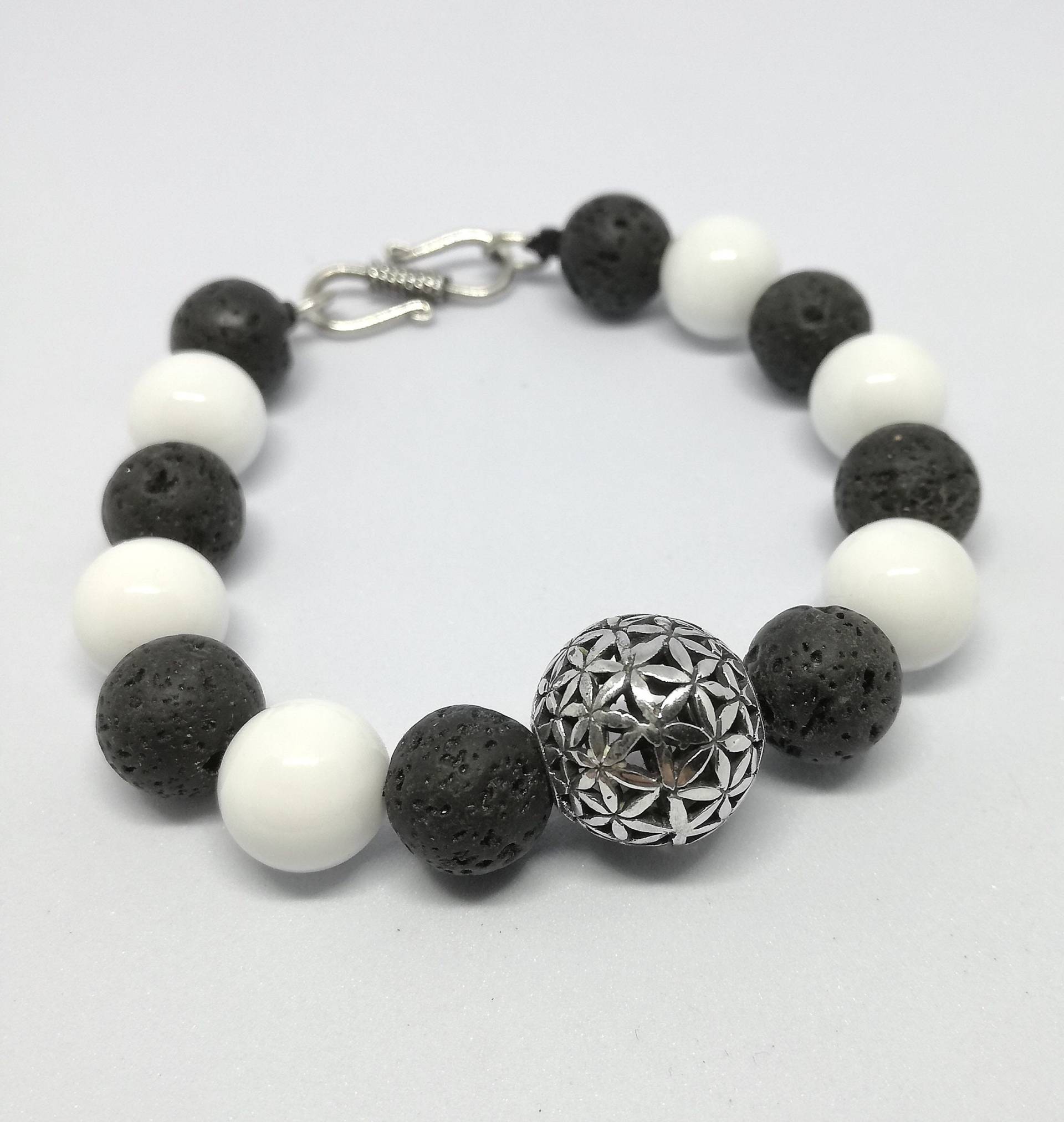 Sterling Silber Kugel Perle Blume Des Lebens Weißer Stein Lava Heilige Geometrie Armband Sonne Stil Schmuck Design Handmade From Bali von BaliSilverSun