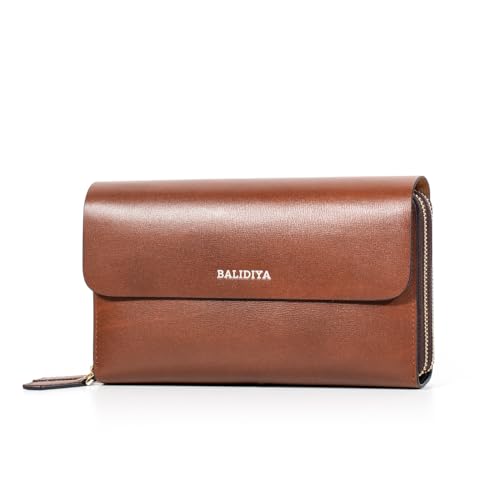 Balidiya Herren-Clutch, Leder, große Geldbörse, Kartenhalter, Business-Handtasche mit doppeltem Reißverschluss, Braun, Lässig, klassisch von Balidiya