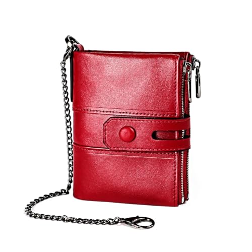 Balidiya Herren-Geldbörse mit Kette aus echtem Leder, RFID-blockierend, Doppelreißverschluss, Münzfach mit Anti-Diebstahl-Kette, Rot/Ausflug, einfarbig (Getaway Solids), Reisebrieftasche von Balidiya
