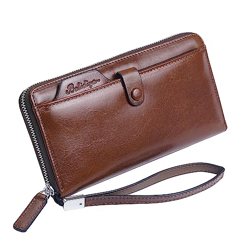 Balidiya Leder Clutch Tasche für Männer Lange Geldbörsen Geldbörse Wristlet Handtasche Business Reißverschluss Geldbörsen, Braun-01 von Balidiya