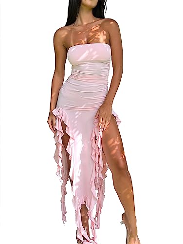 Balimtoy Damen Y2k Rüschenkleid Trägerlos Split Oberschenkel Gerafft Bodycon Midi Tube Kleid Formale Sommer Party Kleid, Pink, X-Klein von Balimtoy