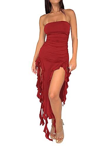 Balimtoy Damen Y2k Rüschenkleid Trägerlos Split Oberschenkel Gerafft Bodycon Midi Tube Kleid Formale Sommer Party Kleid, Rot/Ausflug, einfarbig (Getaway Solids), Groß von Balimtoy