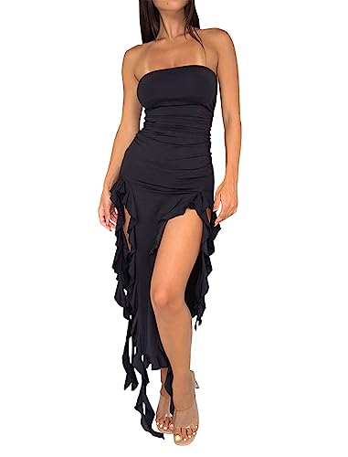 Balimtoy Damen Y2k Rüschenkleid Trägerlos Split Oberschenkel Gerafft Bodycon Midi Tube Kleid Formale Sommer Party Kleid, Schwarz, Mittel Balimtoy Damen Y2k Rüschenkleid Trägerlos Split Oberschenkel Gerafft Bodycon Midi Tube Kleid Formale Sommer Party Kleid, Schwarz, Mittel von Balimtoy