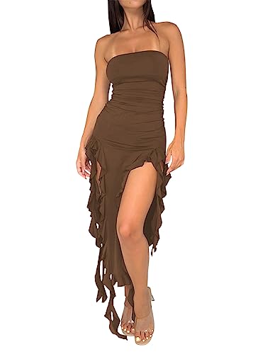 Balimtoy Rüschenkleid für Damen, Y2K, trägerlos, geteilter Oberschenkel, figurbetont, Midi-Schlauchkleid, Sommerkleid, Partykleid, Kaffee, Mittel von Balimtoy