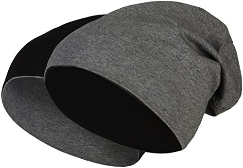 2 in 1 Wendemütze - Reversible Slouch Long Beanie Jersey Baumwolle elastisch Unisex Herren Damen Mütze Heather in 24 (8) (Black/Dark Grey) von Balinco