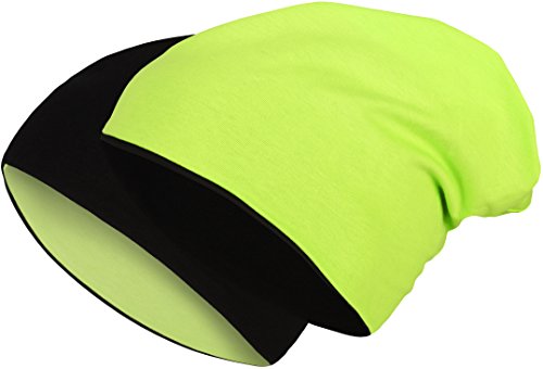 2 in 1 Wendemütze - Reversible Slouch Long Beanie Jersey Baumwolle elastisch Unisex Herren Damen Mütze Heather in 24 (8) (Black/Neon Green) von Balinco