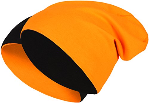 2 in 1 Wendemütze - Reversible Slouch Long Beanie Jersey Baumwolle elastisch Unisex Herren Damen Mütze Heather in 24 (8) (Black/Orange) von Balinco