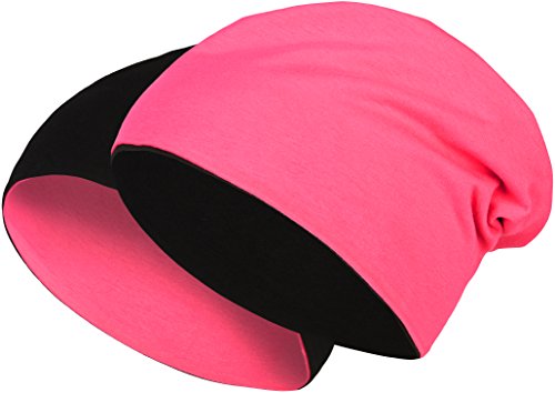 2 in 1 Wendemütze - Reversible Slouch Long Beanie Jersey Baumwolle elastisch Unisex Herren Damen Mütze Heather in 24 (8) (Black/Pink) von Balinco