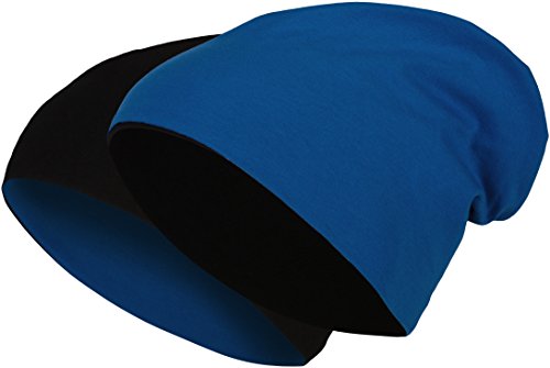 2 in 1 Wendemütze - Reversible Slouch Long Beanie Jersey Baumwolle elastisch Unisex Herren Damen Mütze Heather in 24 (8) (Black/Royal Blue) von Balinco