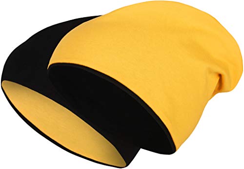 2 in 1 Wendemütze - Reversible Slouch Long Beanie Jersey Baumwolle elastisch Unisex Herren Damen Mütze Heather in 24 (8) (Black/Yellow) von Balinco