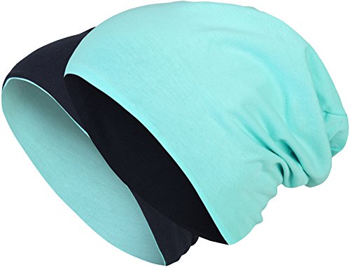 2 in 1 Wendemütze - Reversible Slouch Long Beanie Jersey Baumwolle elastisch Unisex Herren Damen Mütze Heather in 24 (8) (Dark Blue/Turquoise) von Balinco
