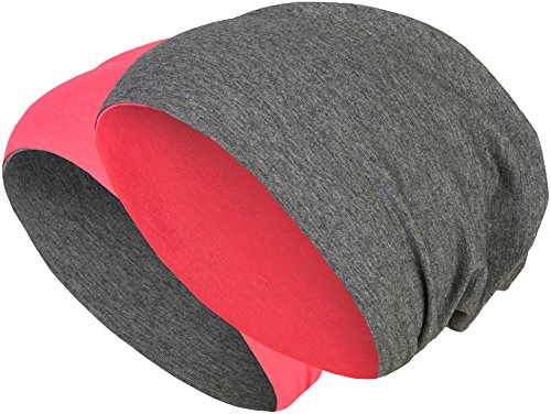 2 in 1 Wendemütze - Reversible Slouch Long Beanie Jersey Baumwolle elastisch Unisex Herren Damen Mütze Heather in 24 (8) (Dark Grey/Pink) von Balinco