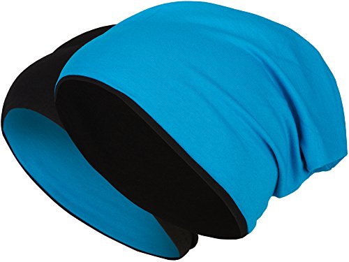 2 in 1 Wendemütze - Reversible Slouch Long Beanie Jersey Baumwolle elastisch Unisex Herren Damen Mütze Heather in 24 verschiedenen Farben (8) (Schwarz/Blau) von Balinco