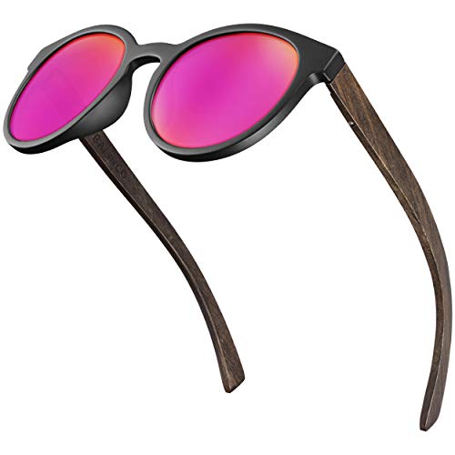 Balinco® Bambus Sonnenbrille mit runden, polarisierten Gläsern - im praktischen Zubehör-Set inkl. Geschenke-Box - mit UV400 Schutz & TAC-Linsen - für Damen & Herren geeignet (Pink verspiegelt) von Balinco