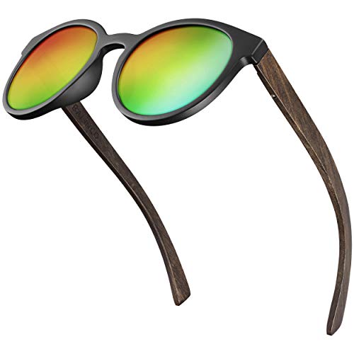 Balinco® Bambus Sonnenbrille mit runden, polarisierten Gläsern - im praktischen Zubehör-Set inkl. Geschenke-Box - mit UV400 Schutz & TAC-Linsen - für Damen & Herren geeignet (Regenbogen verspiegelt) von Balinco