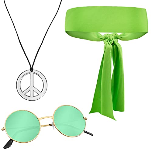 Balinco 3-teilliges Hippie Set mit grünem Stirnband Peace Zeichen Kette und runder grüner Nickel Sonnenbrille von Balinco