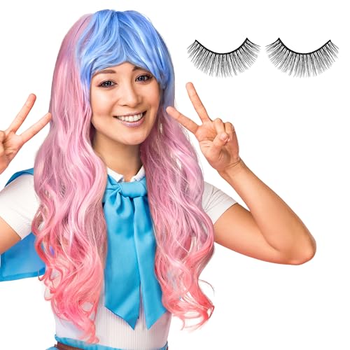 Balinco Cosplay-Perücken-Set – Langhaar-Perücke Hellblau bis Hellrot mit Aufklebbaren Wimpern | Komplettset für Karneval Fasching Halloween & Mottopartys | Unisex Kostümzubehör von Balinco