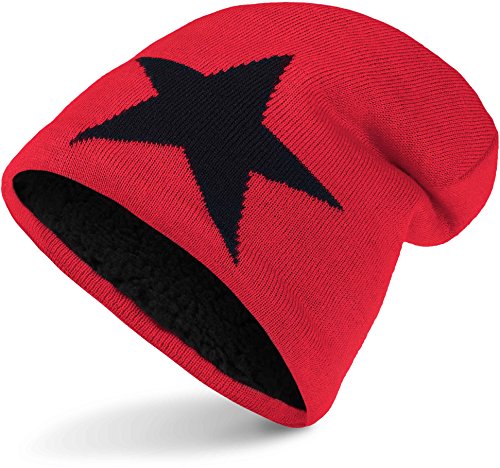 Balinco Warme Feinstrick Beanie Mütze mit Stern sehr weichem Innenfutter, Unisex (Red (Black Star)) von Balinco