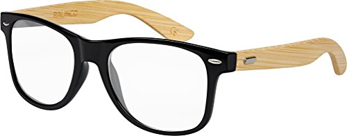 Bambus Holz Nerd Sonnenbrille Retro Vintage Unisex Brille mit Federscharnier für Herren & Damen (Bambus - Transparent) von Balinco