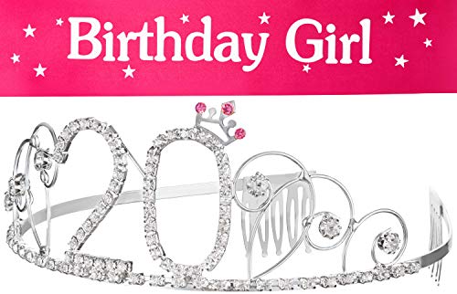 Haarreif Krone + Schärpe Birthday Girl 20. Geburtstag Happy Birthday Kristall Strass Krone Verzierungen Hochzeit Haar Haarband Kamm Stirnband für Frauen (Krone 20 + Schärpe) von Balinco