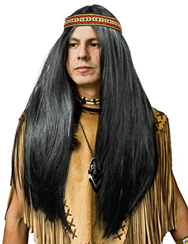 Indianer Perücke mit glatten langen Haaren im Set in schwarz mit passendem Kopfband für Herren & Damen Fasching Karneval von Balinco