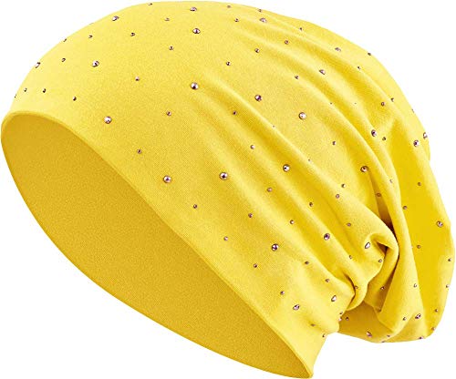 Jersey Baumwolle elastisches Long Slouch Beanie Unisex Herren Damen mit Strass Stern Steinen Mütze Heather in 35 (7) (Yellow) von Balinco