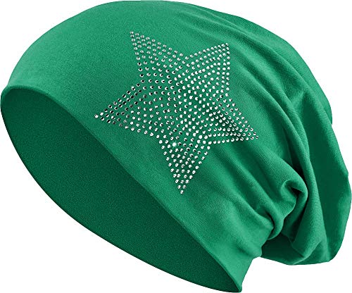 Jersey Baumwolle elastisches Long Slouch Beanie Unisex Herren Damen mit Strass Stern Steinen Mütze Heather in 35 (2) (Dark Green) von Balinco