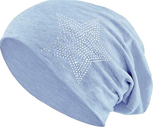 Jersey Baumwolle elastisches Long Slouch Beanie Unisex Herren Damen mit Strass Stern Steinen Mütze Heather in 35 (2) (Heather Light Blue) von Balinco