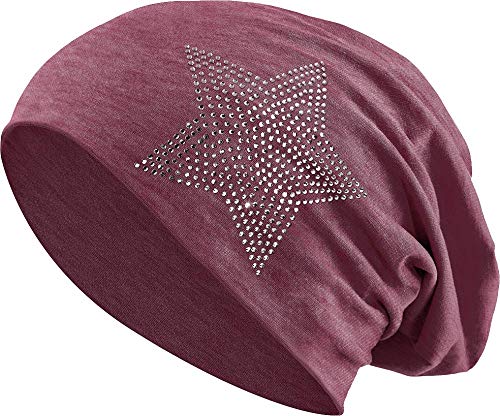 Jersey Baumwolle elastisches Long Slouch Beanie Unisex Herren Damen mit Strass Stern Steinen Mütze Heather in 35 (2) (Heather WineRed) von Balinco