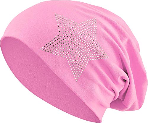 Jersey Baumwolle elastisches Long Slouch Beanie Unisex Herren Damen mit Strass Stern Steinen Mütze Heather in 35 (2) (Light Pink) von Balinco