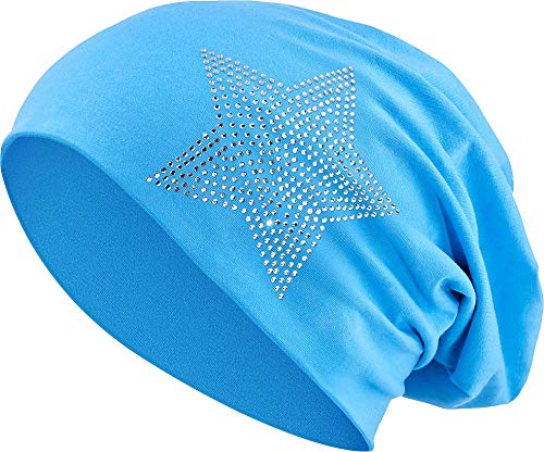 Jersey Baumwolle elastisches Long Slouch Beanie Unisex Herren Damen mit Strass Stern Steinen Mütze Heather in 35 (2) (Turquoise) von Balinco