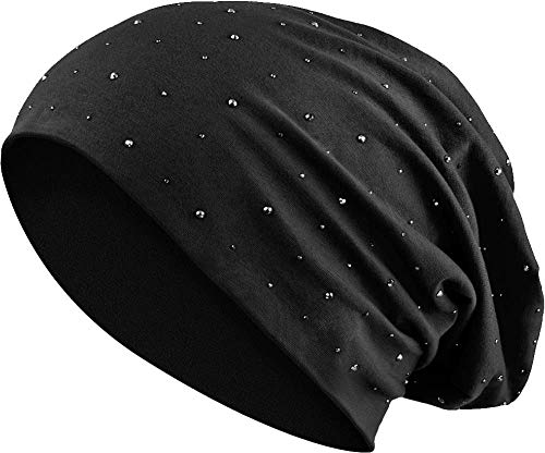 Jersey Baumwolle elastisches Long Slouch Beanie Unisex Herren Damen mit Strass Stern Steinen Mütze Heather in 35 (7) (Black) von Balinco