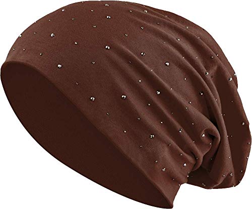 Jersey Baumwolle elastisches Long Slouch Beanie Unisex Herren Damen mit Strass Stern Steinen Mütze Heather in 35 (7) (Brown) von Balinco