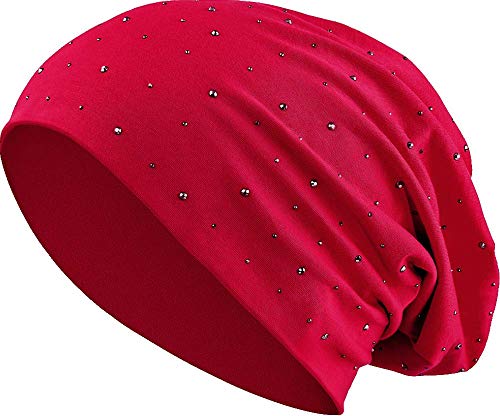 Jersey Baumwolle elastisches Long Slouch Beanie Unisex Herren Damen mit Strass Stern Steinen Mütze Heather in 35 (7) (Dark Red) von Balinco