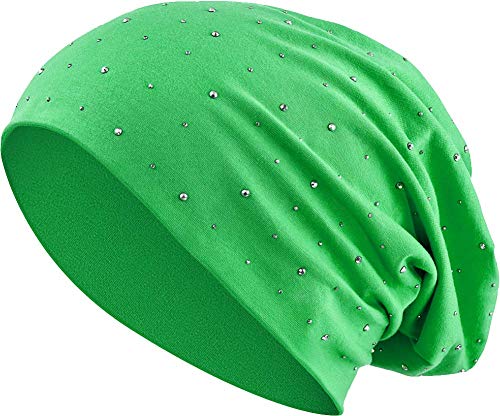 Jersey Baumwolle elastisches Long Slouch Beanie Unisex Herren Damen mit Strass Stern Steinen Mütze Heather in 35 (7) (Green) von Balinco