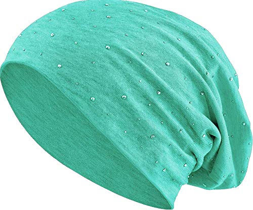 Jersey Baumwolle elastisches Long Slouch Beanie Unisex Herren Damen mit Strass Stern Steinen Mütze Heather in 35 (7) (Heather Mint) von Balinco