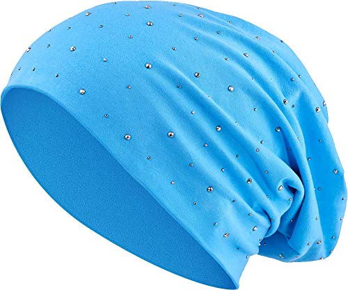 Jersey Baumwolle elastisches Long Slouch Beanie Unisex Herren Damen mit Strass Stern Steinen Mütze Heather in 35 (7) (Turquoise) von Balinco