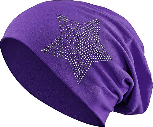 Jersey Baumwolle elastisches Long Slouch Beanie Unisex Herren Damen mit Strass Stern Steinen Mütze Heather in 35 (2) (Purple) von Balinco