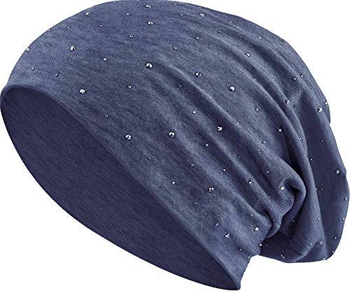 Jersey Baumwolle elastisches Long Slouch Beanie Unisex Herren Damen mit Strass Stern Steinen Mütze Heather in 35 (7) (Heather Grey-Blue) von Balinco