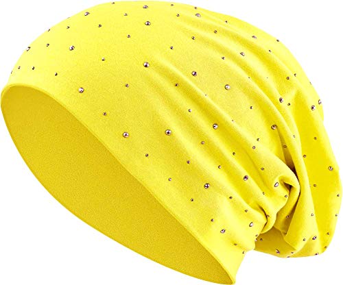 Jersey Baumwolle elastisches Long Slouch Beanie Unisex Herren Damen mit Strass Stern Steinen Mütze Heather in 35 (7) (Light Yellow) von Balinco